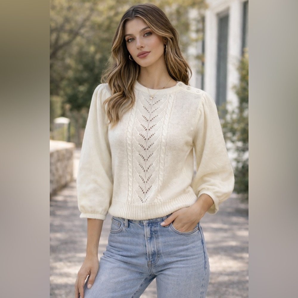 Vintage Cream Cable Knit Puff Sleeve Sweater Cottagecore Women’s Size Large